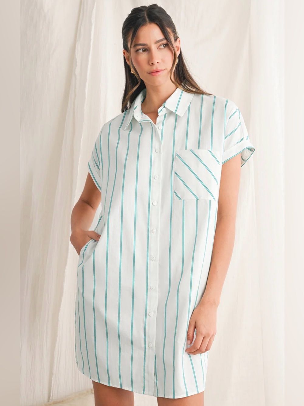 Femme Aura Mint Green Striped Pockets Short Sleeve Mini Dress Size Small